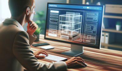 Eine Person die vor einem Computer sitzt und eine Website mit einem Website-Baukasten erstellt