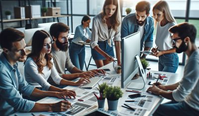 Ein Team von Webdesignern arbeitet an der Erstellung einer professionellen Website
